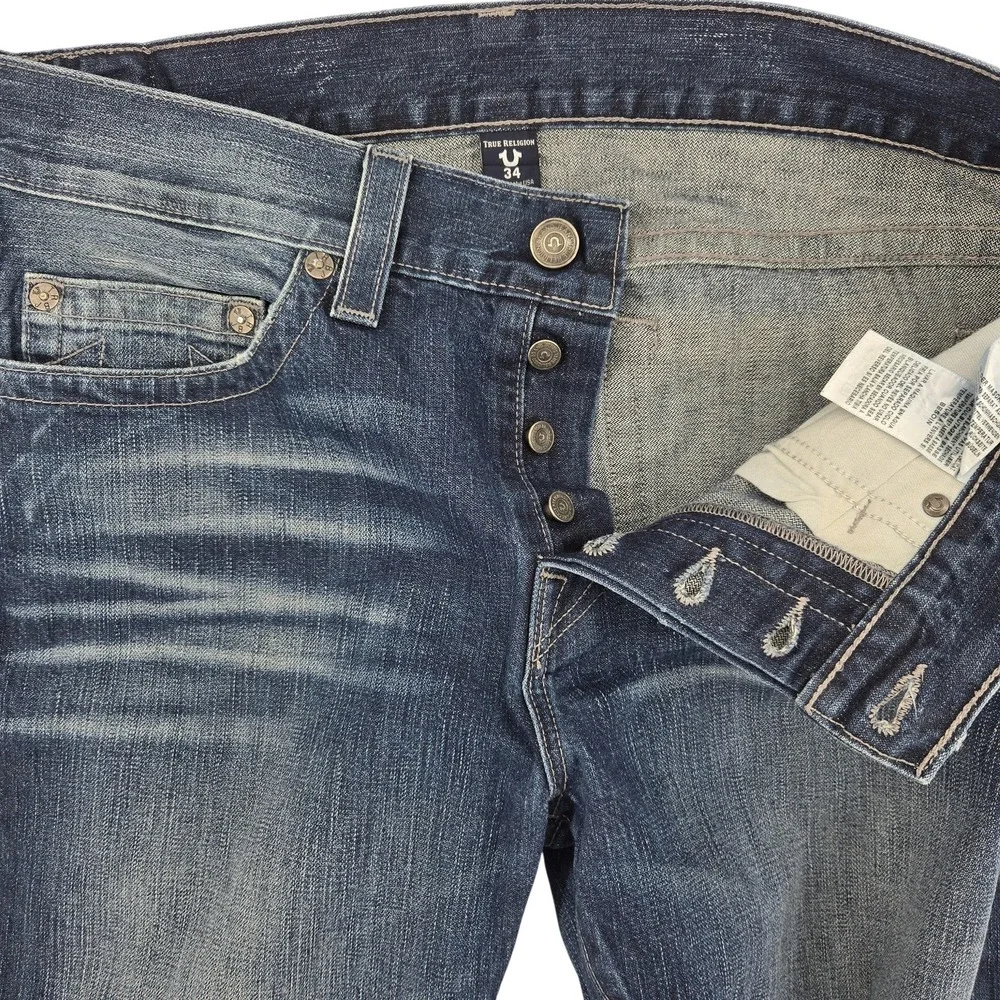 True Religion Jeans Mens 34 Blue Rocco Relaxed Skinny Distressed Denim USA